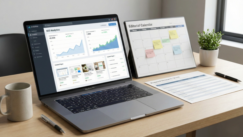 SEO-driven growth system shown through analytics dashboard and content planning workflow