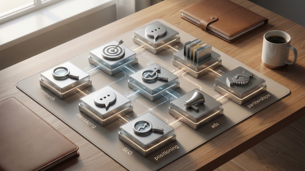 Structured marketing system workflow connecting research, messaging, content, and growth channels